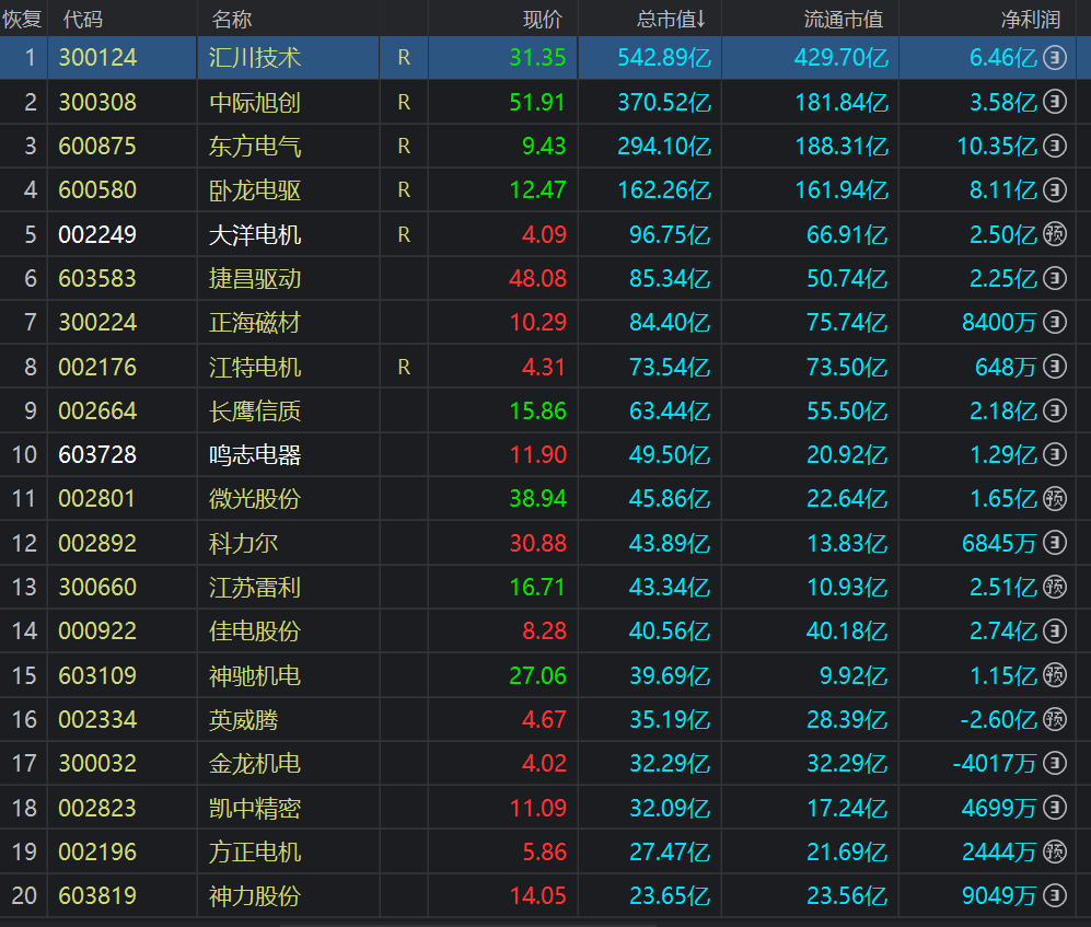 中国沪深A股上市的电机行业企业总市值排名前20。