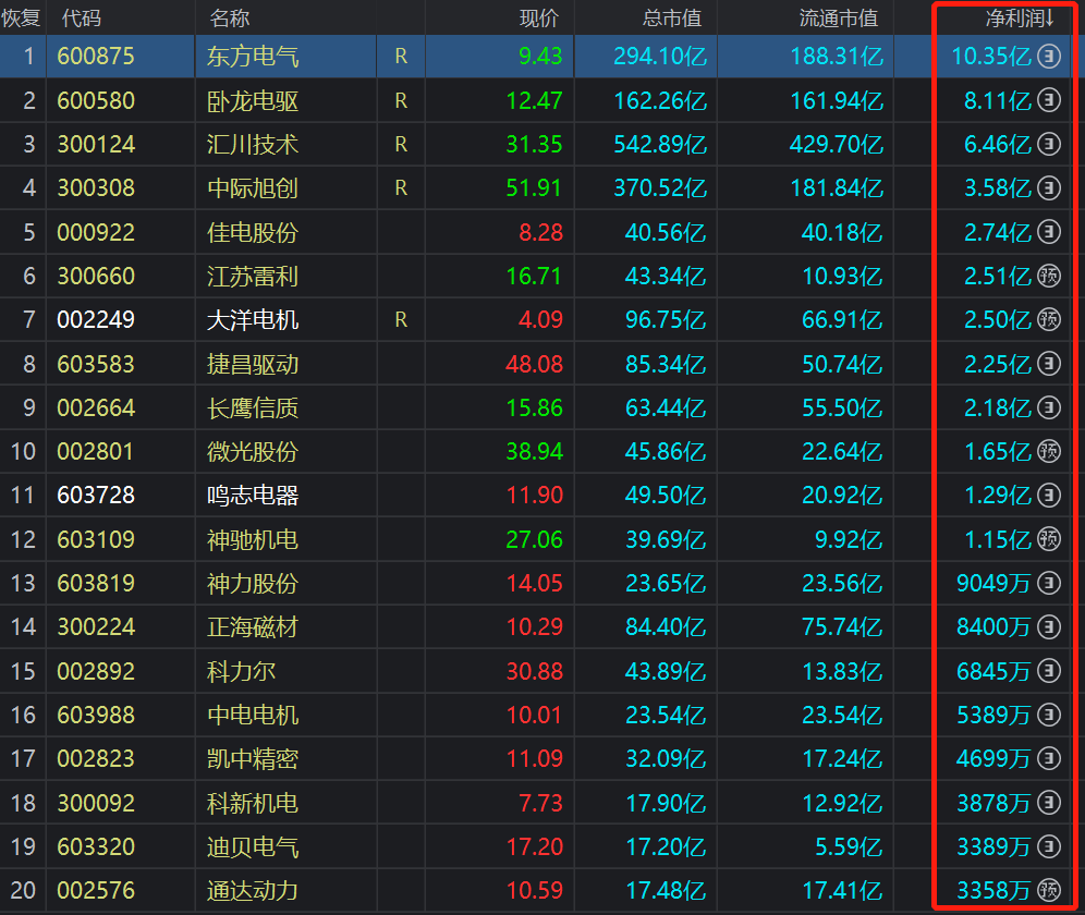 中国沪深A股上市的电机行业企业净利润排名前20。（来源：同花顺，电子发烧友）