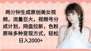 两分钟生成原创美女视频，流量巨大，视频号分成计划，网盘拉新，色粉原味多种变现方式，轻松日入2000+