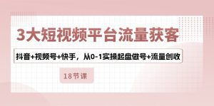 3大短视频平台流量获客，抖音+视频号+快手，从0-1实操起盘做号+流量创收